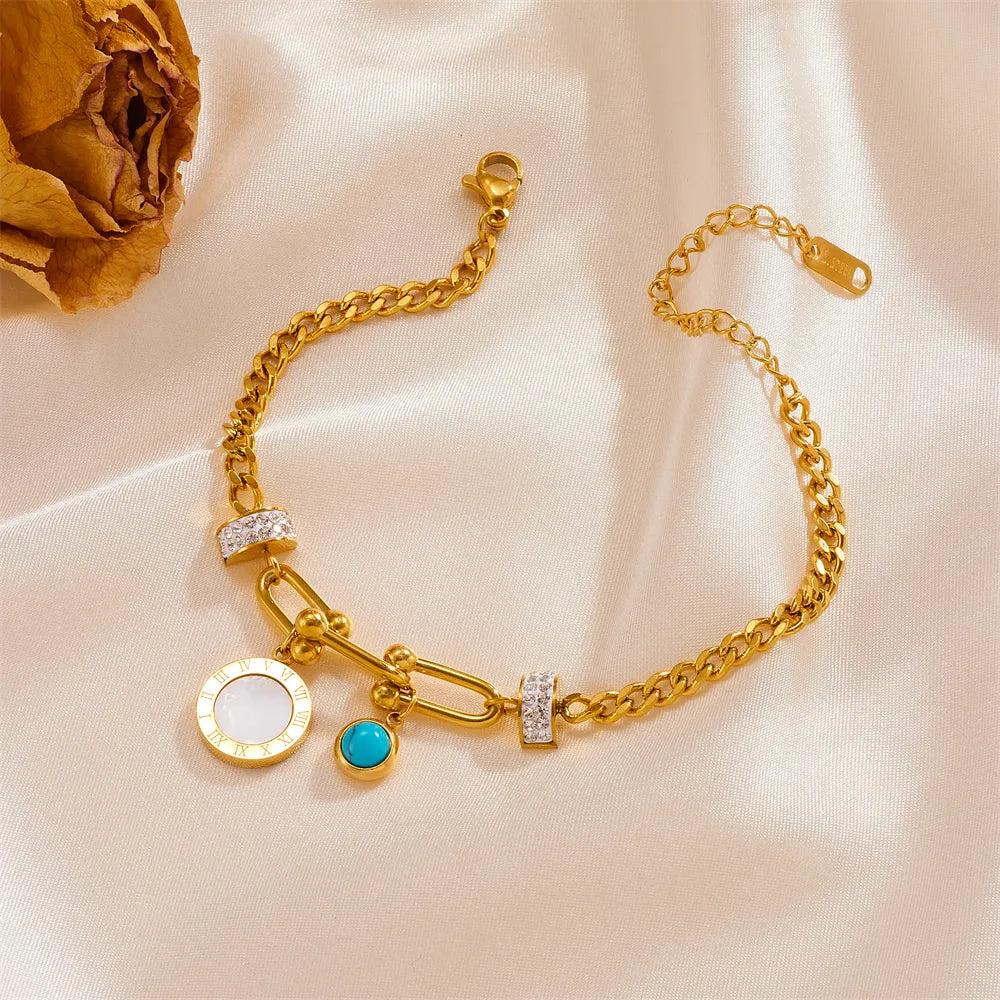 Elegant Simple Style Round Heart Shape Butterfly Titanium Steel 18K Gold Plated Acrylic Turquoise Rhinestones Bracelet