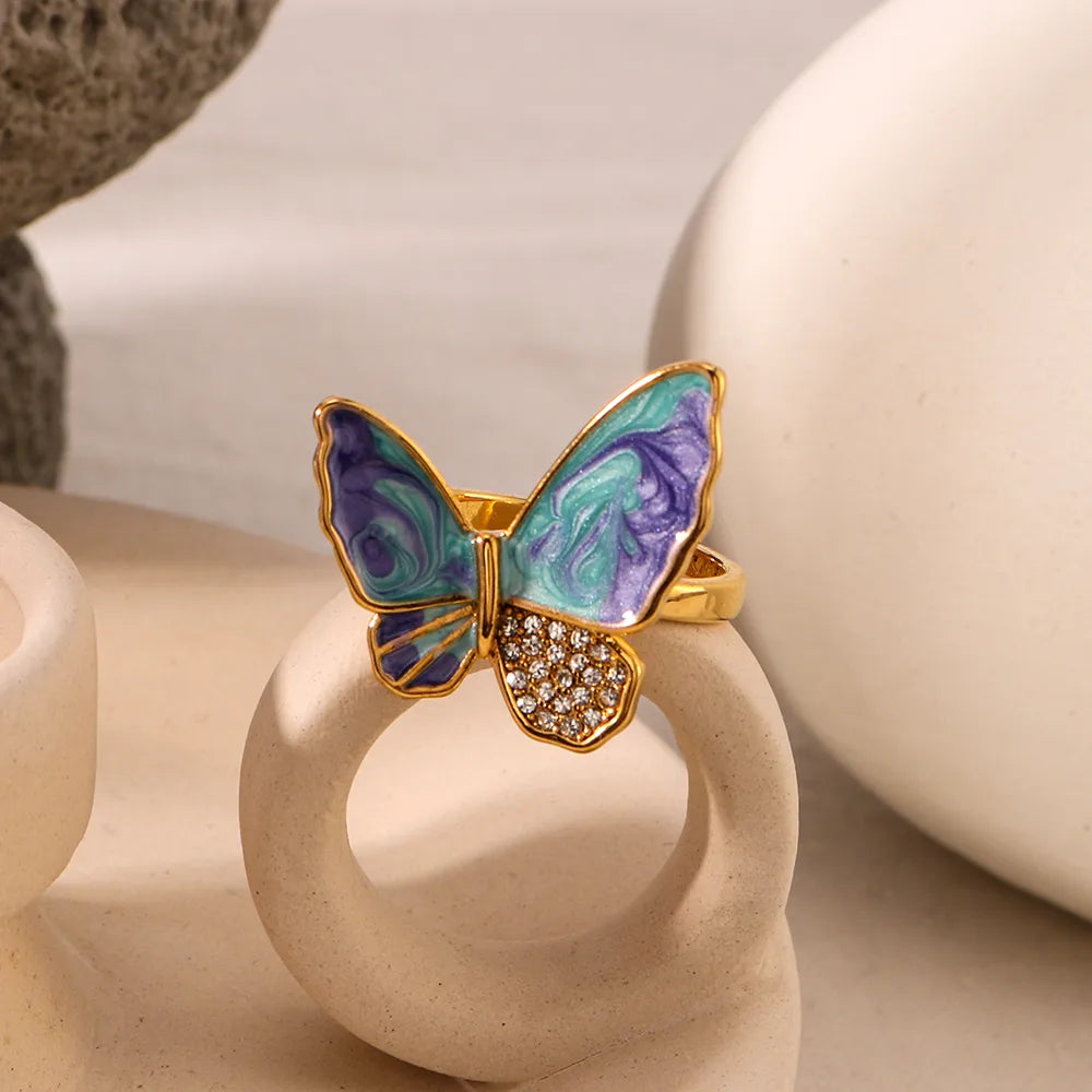 Butterfly 304 Stainless Steel Zircon 18K Gold Plated Enamel Inlay Ring