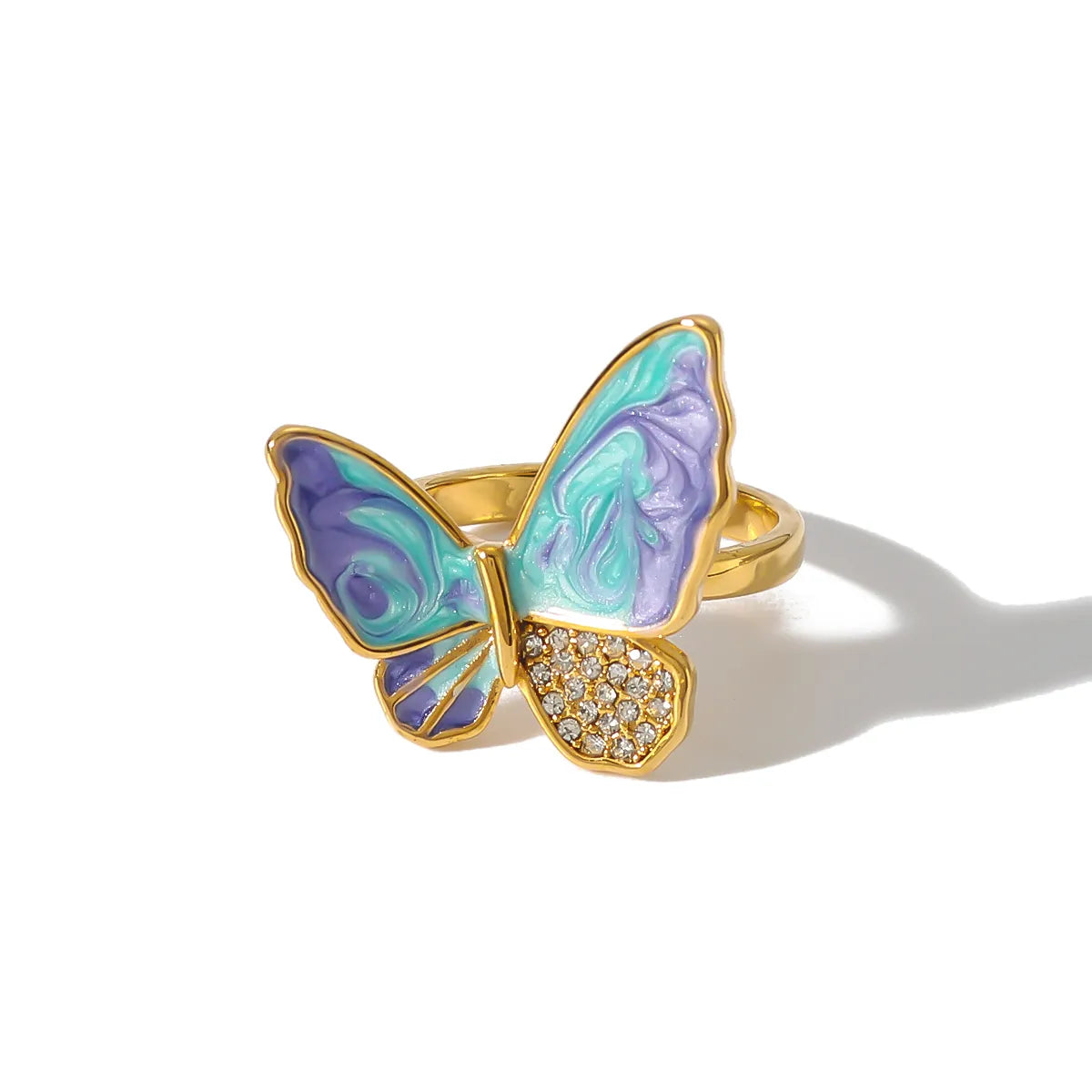 Butterfly 304 Stainless Steel Zircon 18K Gold Plated Enamel Inlay Ring