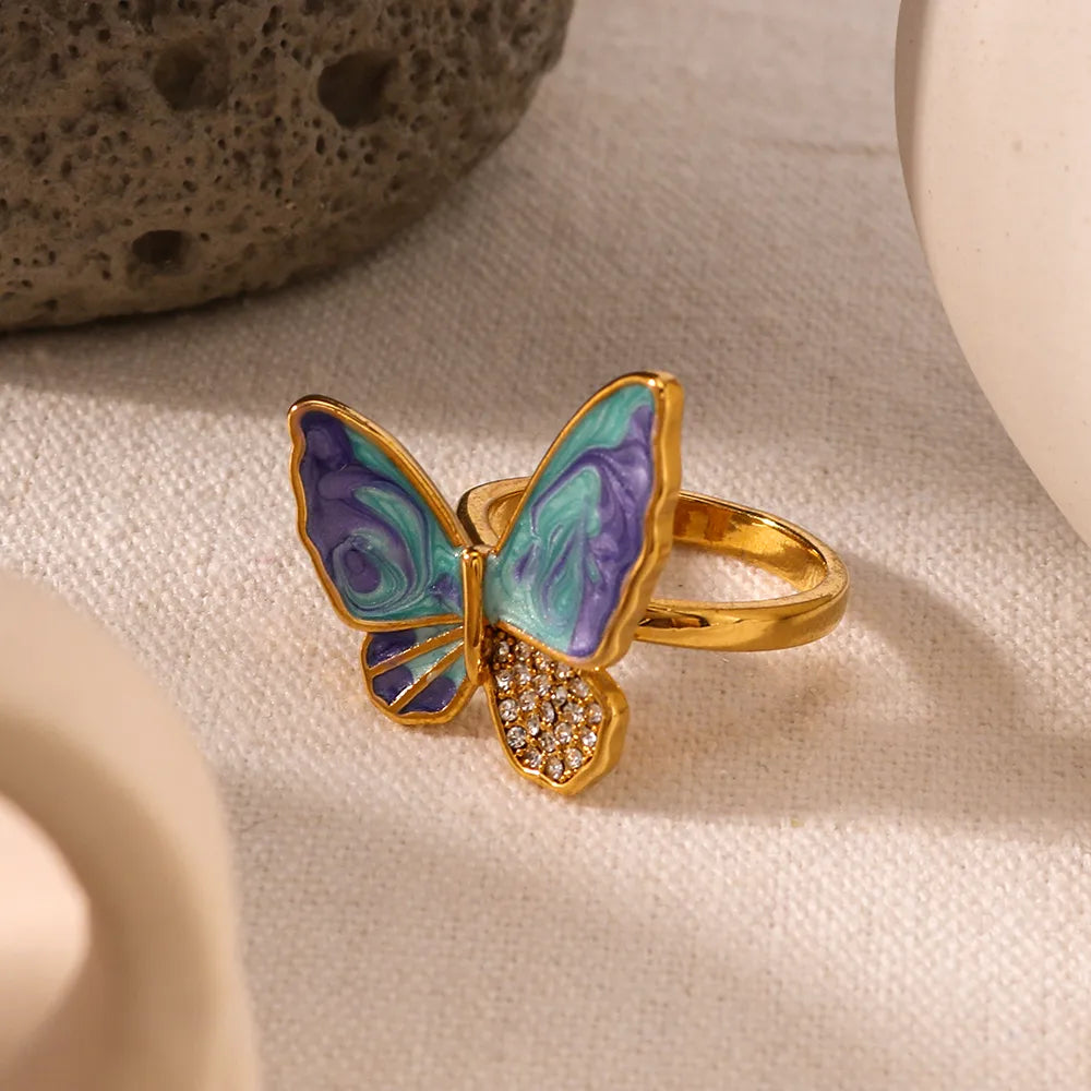 Butterfly 304 Stainless Steel Zircon 18K Gold Plated Enamel Inlay Ring