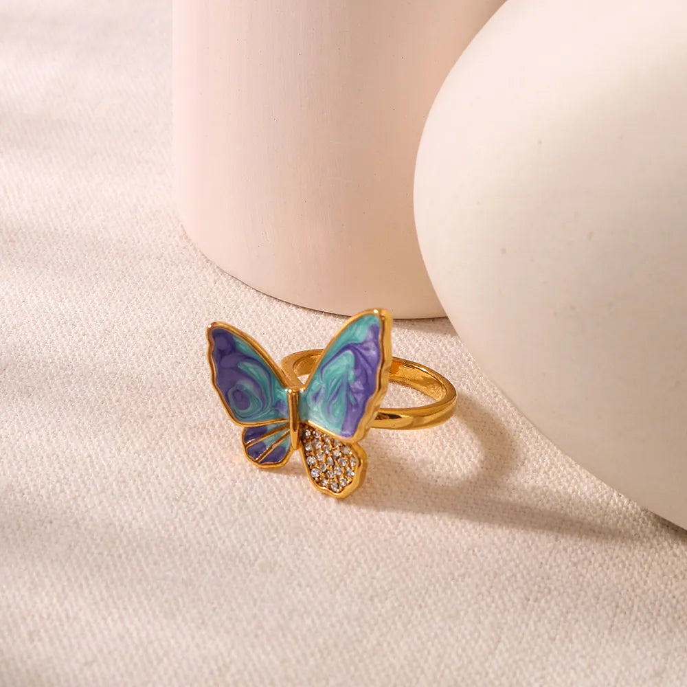 Butterfly 304 Stainless Steel Zircon 18K Gold Plated Enamel Inlay Ring