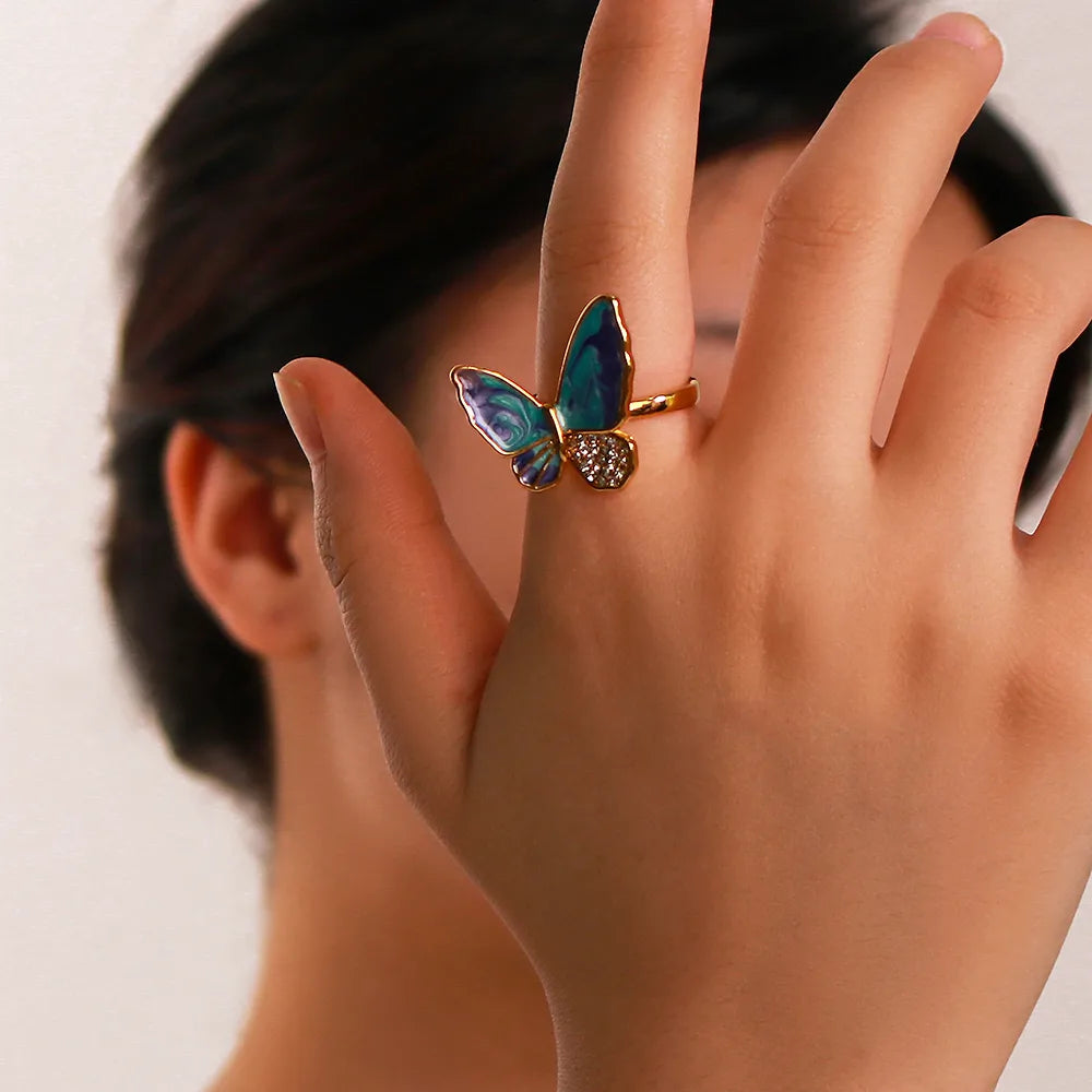 Butterfly 304 Stainless Steel Zircon 18K Gold Plated Enamel Inlay Ring