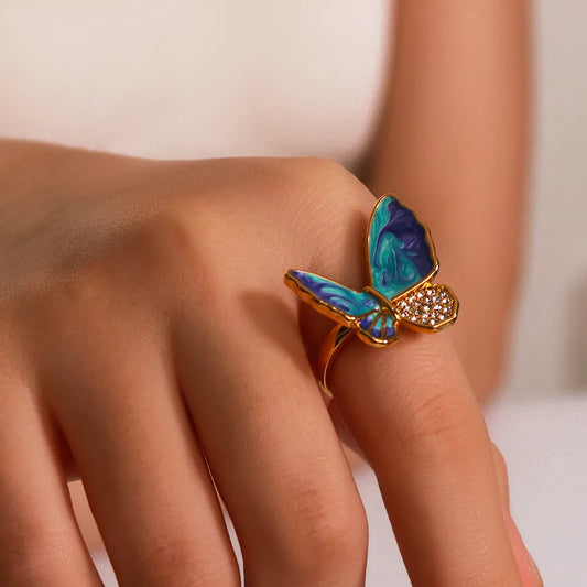 Butterfly 304 Stainless Steel Zircon 18K Gold Plated Enamel Inlay Ring