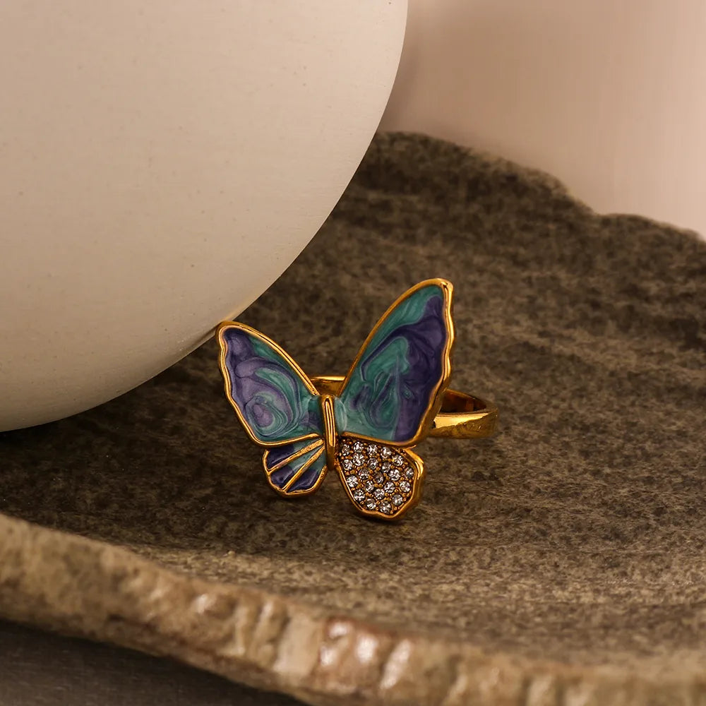 Butterfly 304 Stainless Steel Zircon 18K Gold Plated Enamel Inlay Ring