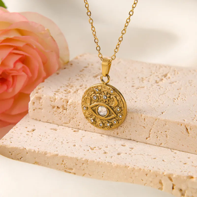 Star Moon Eye Stainless Steel Plating Inlay Zircon 18K Gold Plated Pendant Necklace