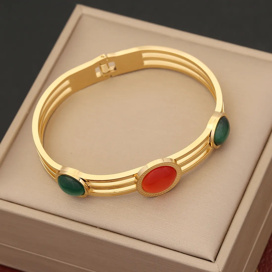 Round Stainless Steel 18K Gold Plated Opal Bangle