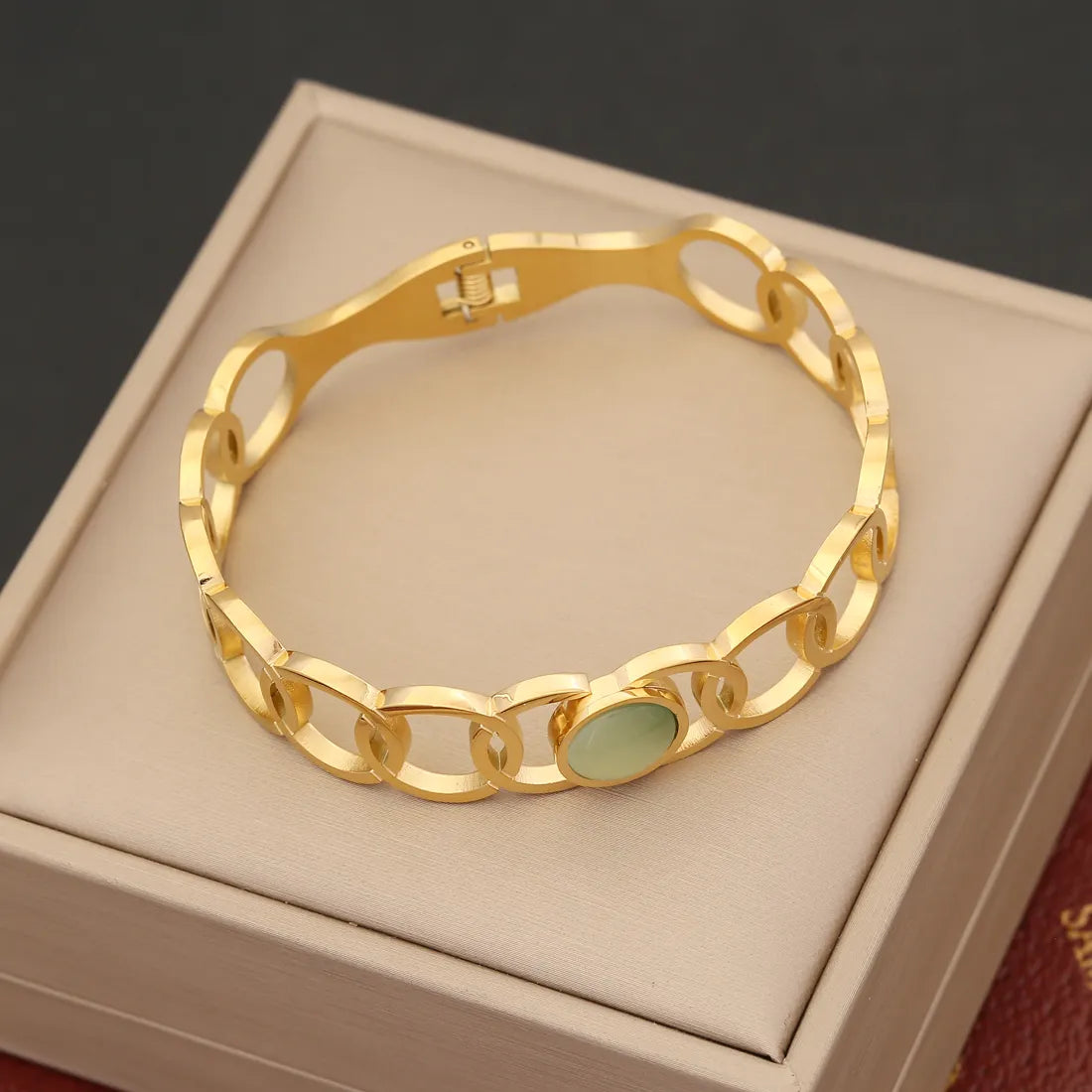 Round Stainless Steel 18K Gold Plated Opal Bangle