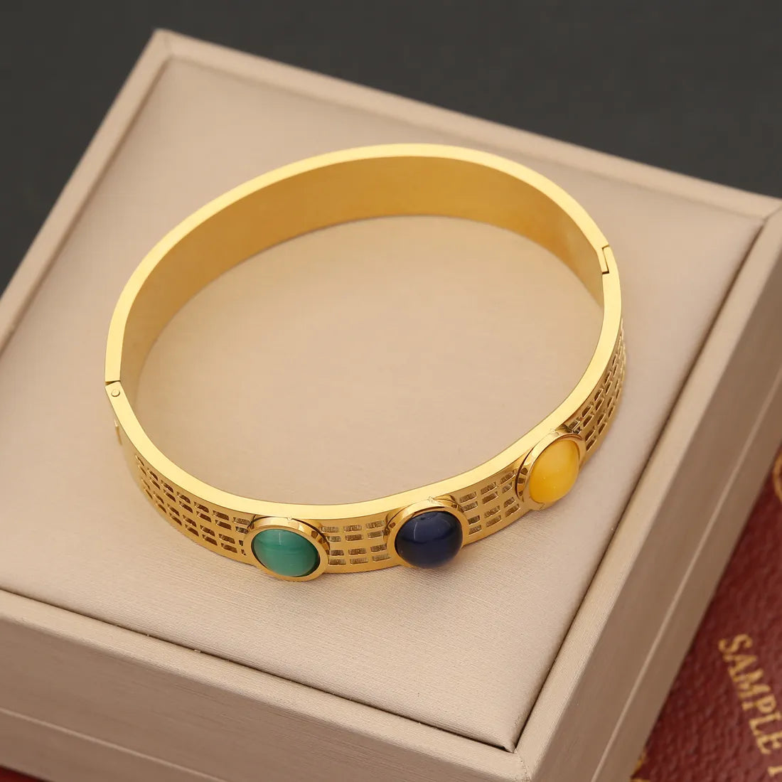 Round Stainless Steel 18K Gold Plated Opal Bangle