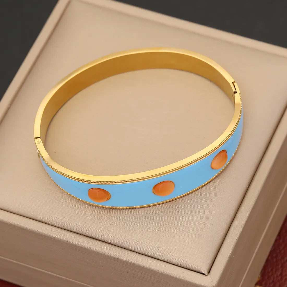 Round Stainless Steel 18K Gold Plated Opal Bangle