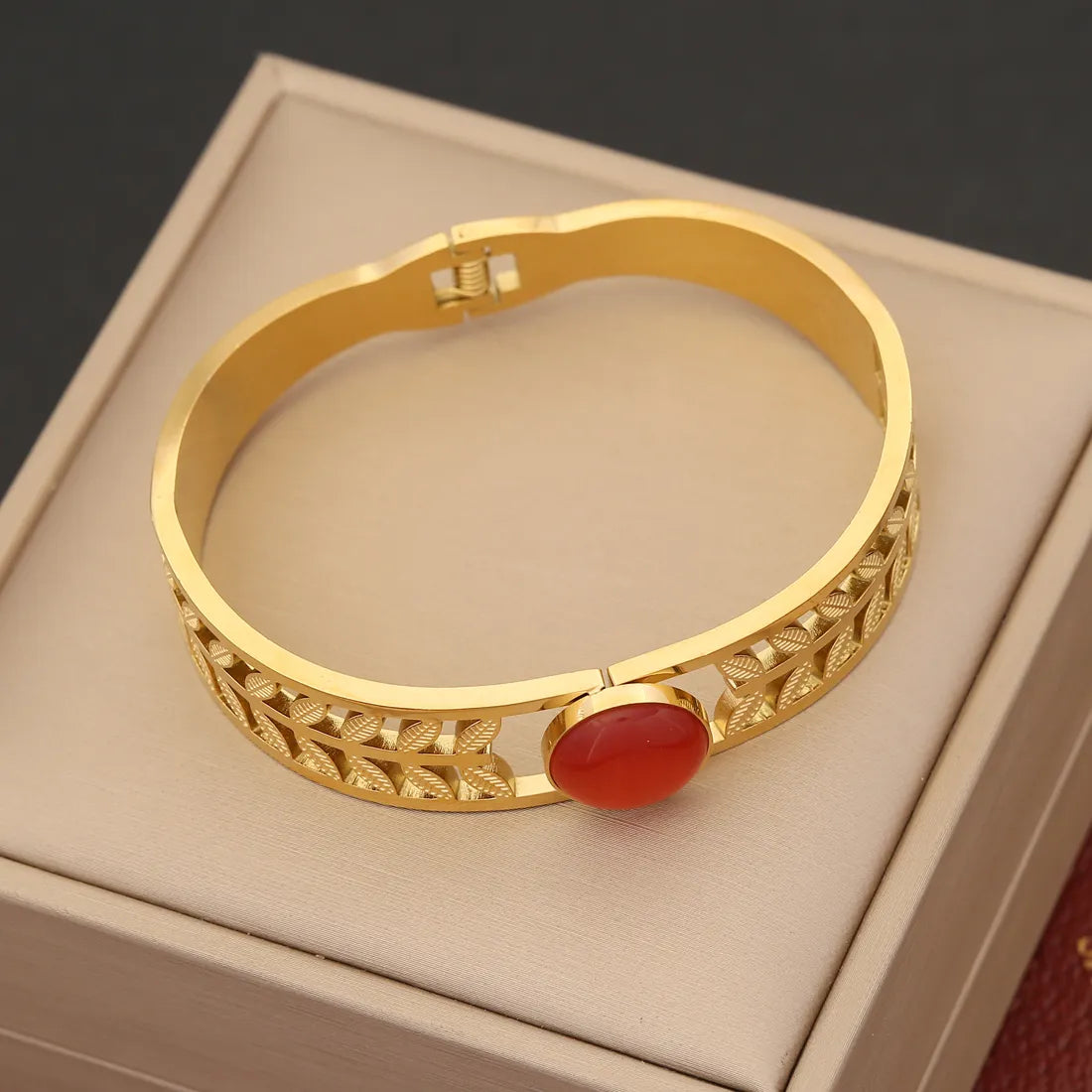 Round Stainless Steel 18K Gold Plated Opal Bangle