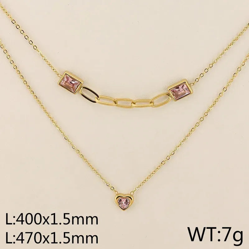 Square Heart Shape Titanium Steel Inlaid Zircon Pendant Necklace