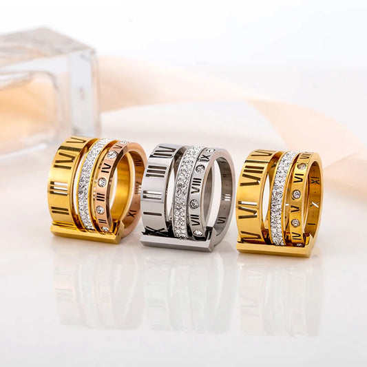 304 Stainless Steel 18K Gold Plated Fashion Plating Inlay Roman Numeral Rhinestones Ring