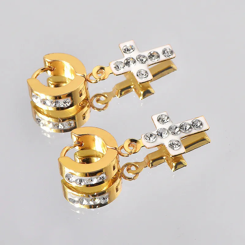 Round Plating Inlay 304 Stainless Steel Rhinestones 18K Gold Plated Drop Earrings
