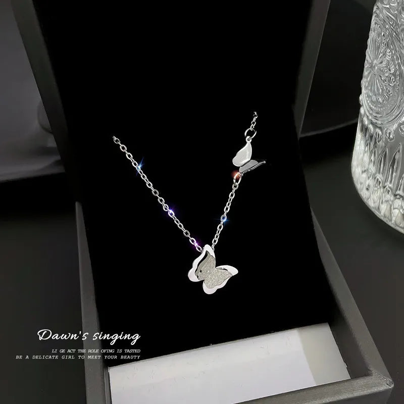 Double Butterfly Silver Stainless Steel Necklace