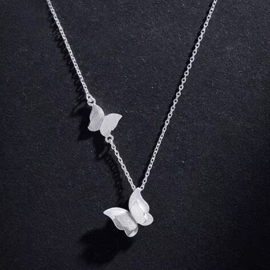 Double Butterfly Silver Stainless Steel Necklace