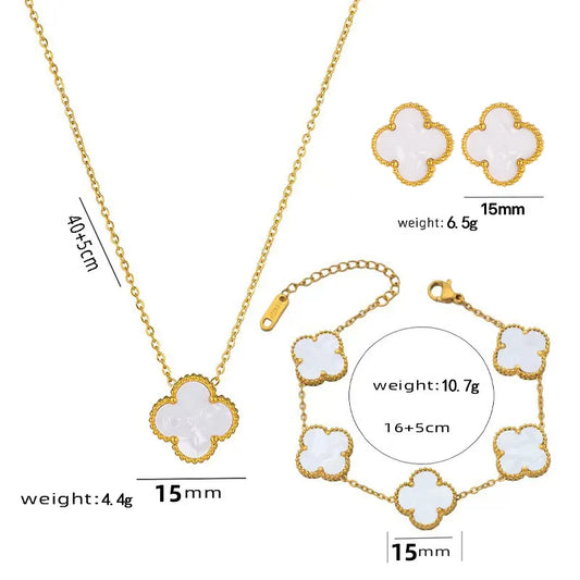 304 Stainless Steel 18K Gold Plated Cute Sweet Inlay Four Leaf Clover Necklace Set