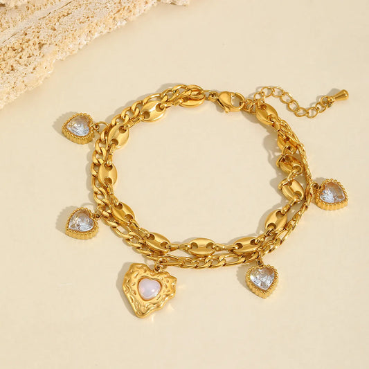 Cute Heart Shape 304 Stainless Steel 18K Gold Plated Zircon  Charm Chain Bracelet