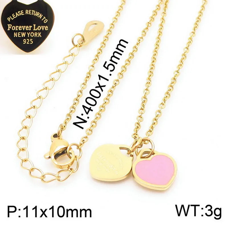 304 Stainless Steel 18K Gold Plated Simple Style Beaded Enamel Heart Shape Necklace