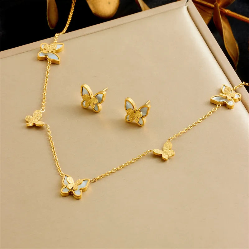 Butterfly 304 Stainless Steel Shell 18K Gold Plated Inlay Jewelry Set