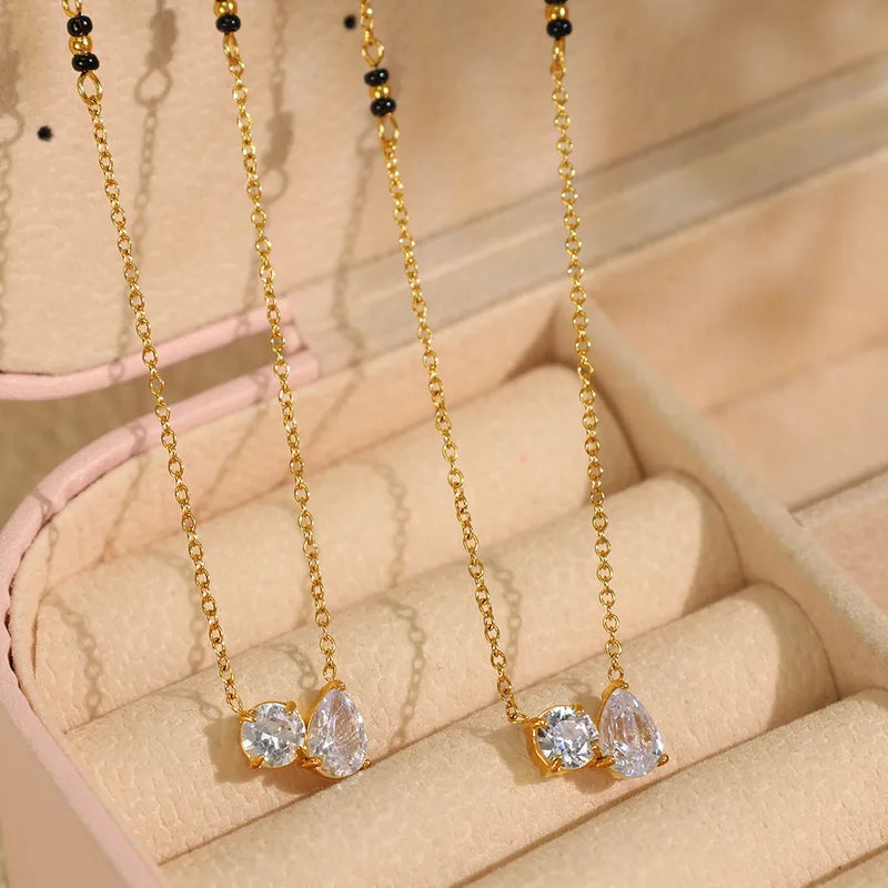 French Style Geometric 304 Stainless Steel Zircon 18K Gold Plated Pendant Necklace Cable Chain