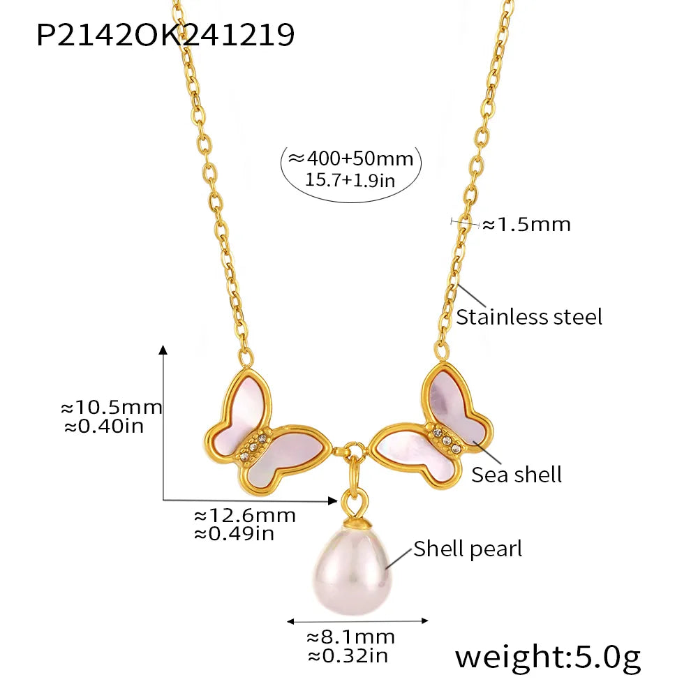 Butterfly 304 Stainless Steel Shell Zircon 18K Gold Plated Plating Pendant Necklace Cable Chain