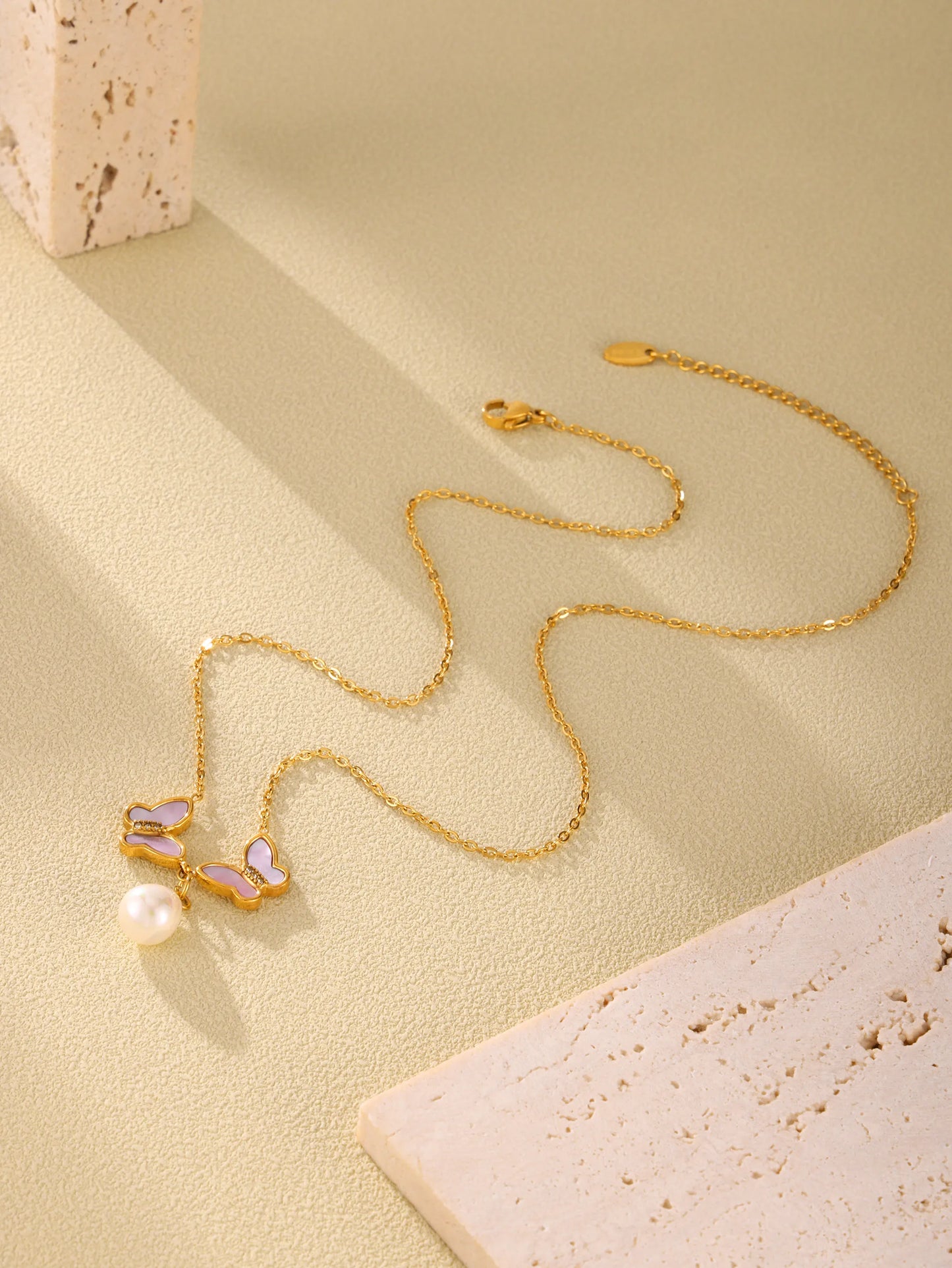 Butterfly 304 Stainless Steel Shell Zircon 18K Gold Plated Plating Pendant Necklace Cable Chain