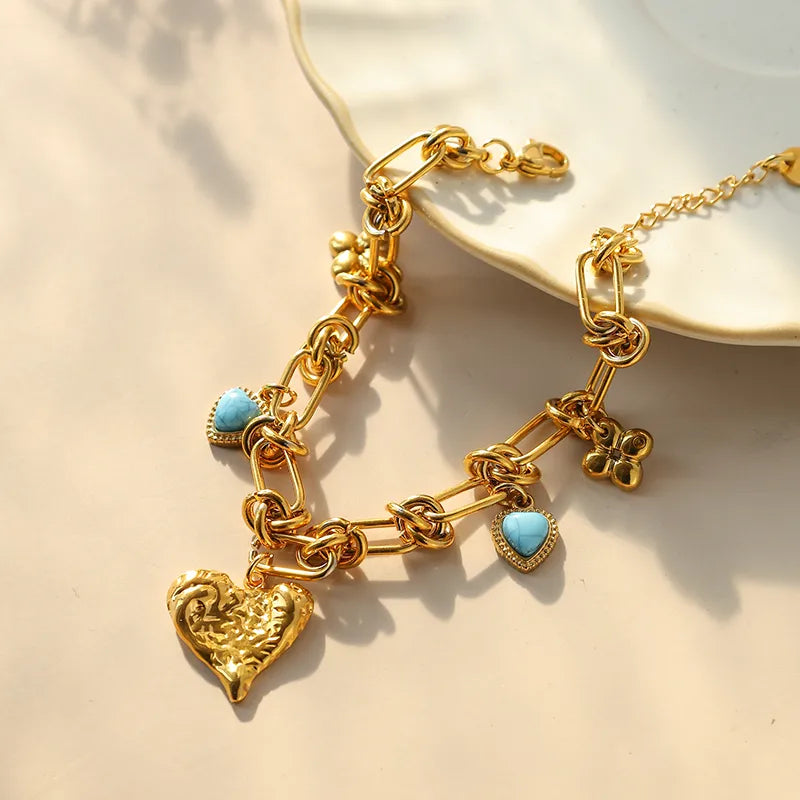 Casual Elegant Streetwear Heart Shape Flower 304 Stainless Steel 14K Gold Plated Turquoise Bracelet