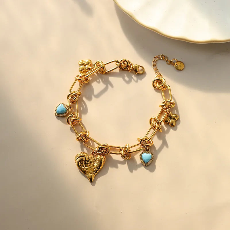 Casual Elegant Streetwear Heart Shape Flower 304 Stainless Steel 14K Gold Plated Turquoise Bracelet