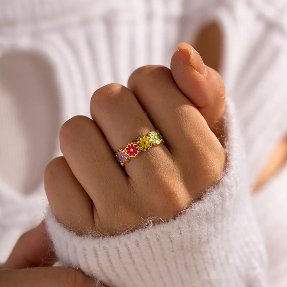 304 Stainless Steel 18K Gold Plated Sweet Enamel Plating Flower Rings