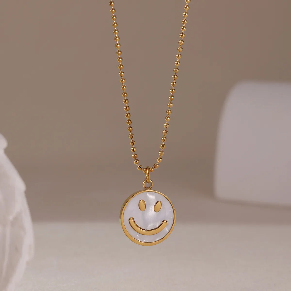 Smile Face 304 Stainless Steel Shell 18K Gold Plated Pendant Necklace Ball Chain