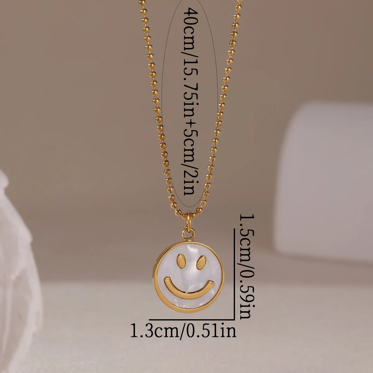 Smile Face 304 Stainless Steel Shell 18K Gold Plated Pendant Necklace Ball Chain