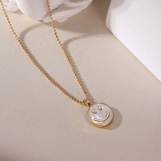 Smile Face 304 Stainless Steel Shell 18K Gold Plated Pendant Necklace Ball Chain