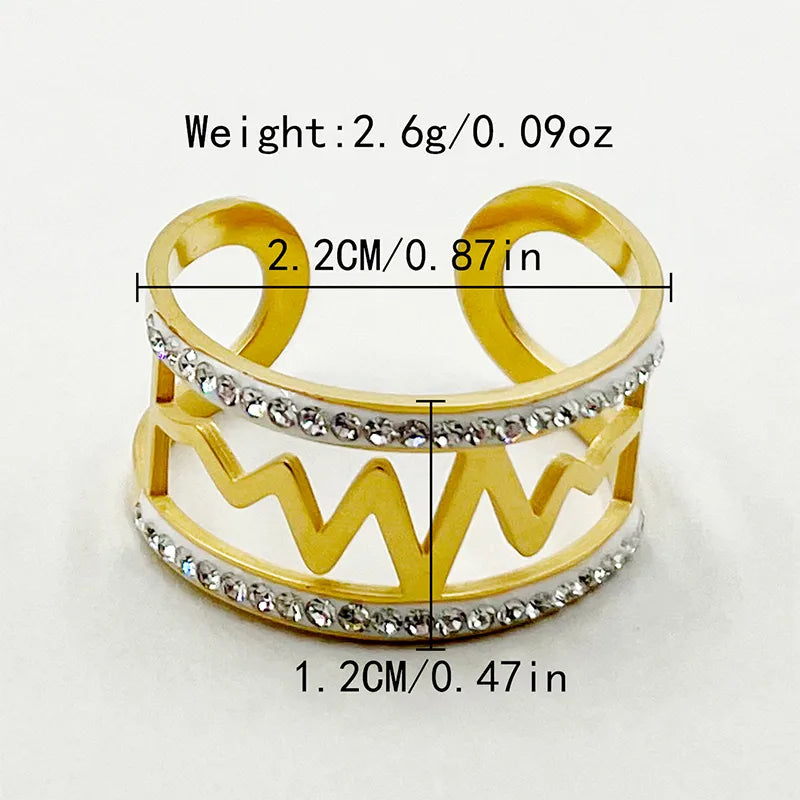 ECG Heartbeat 304 Stainless Steel Zircon 14K Gold Plated Plating Hollow Out Inlay Open Ring