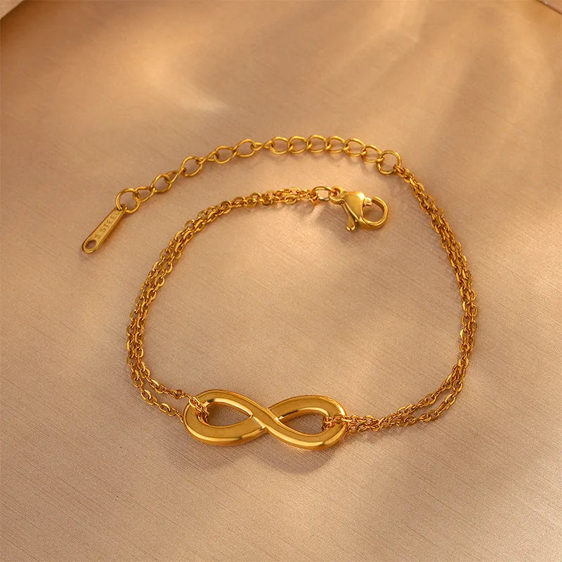 Infinity 304 Stainless Steel 18K Gold Plated Bracelets Necklace Jewelry Set