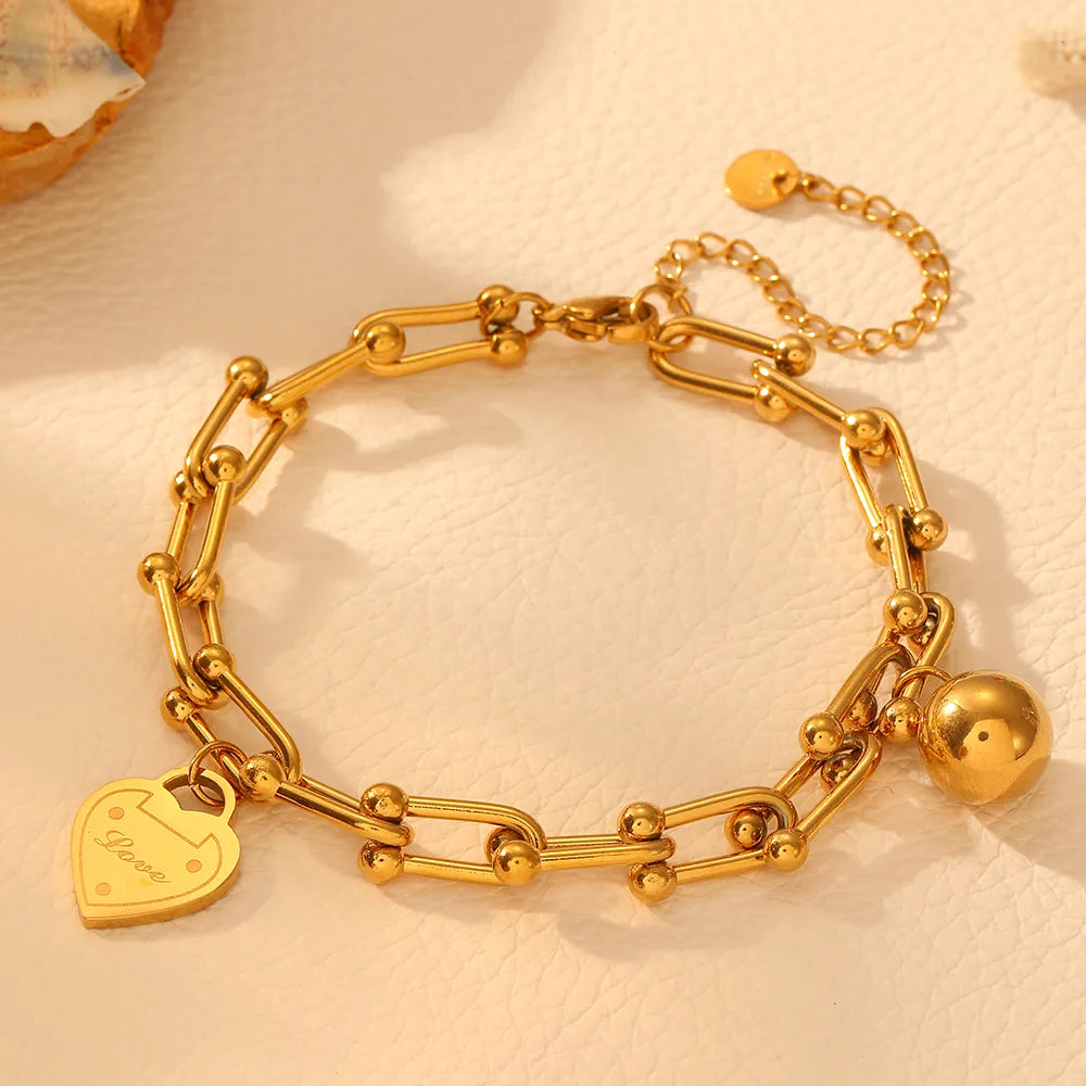 Elegant Heart Shape Titanium Steel 18K Gold Plated Paperclip Chain Cable Chain Bracelet