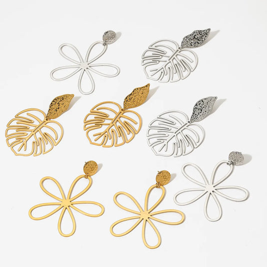 Leaves Flower Plating 304 Stainless Steel 316 Stainless Steel 16K Gold Plated White Gold Plated Drop Earring