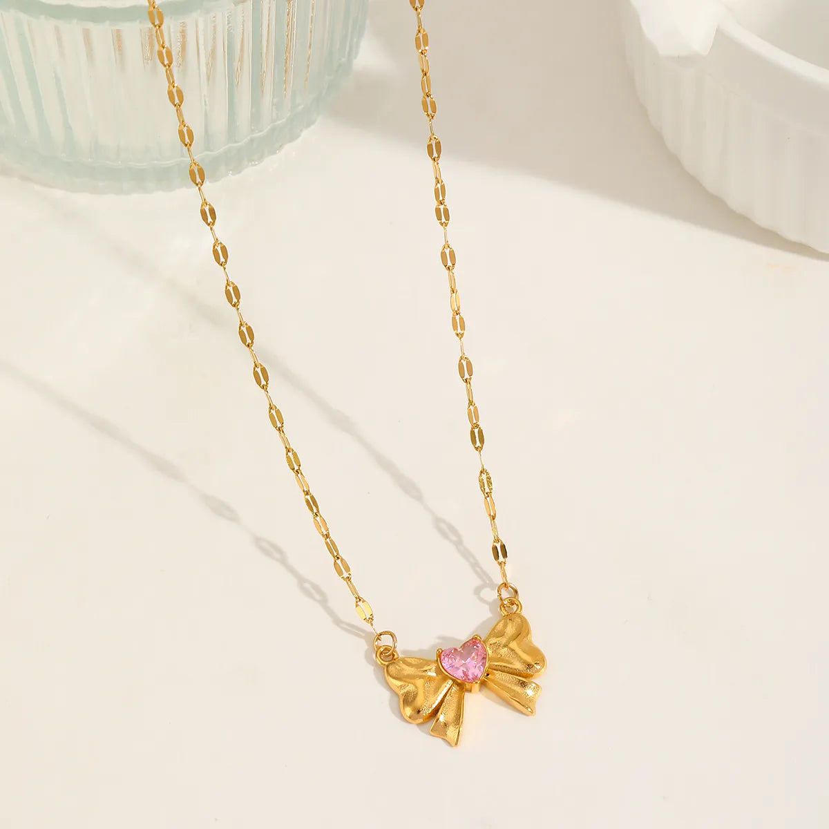 Heart Shape Bow Knot 304 Stainless Steel Zircon 18K Gold Plated Inlay Pendant Necklace Lip Chain