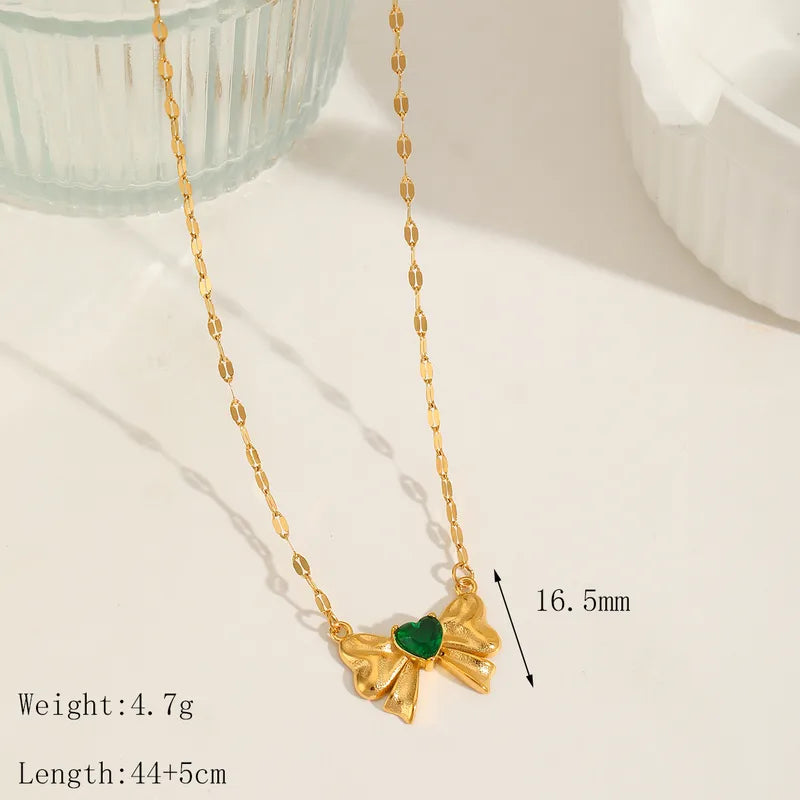 Heart Shape Bow Knot 304 Stainless Steel Zircon 18K Gold Plated Inlay Pendant Necklace Lip Chain