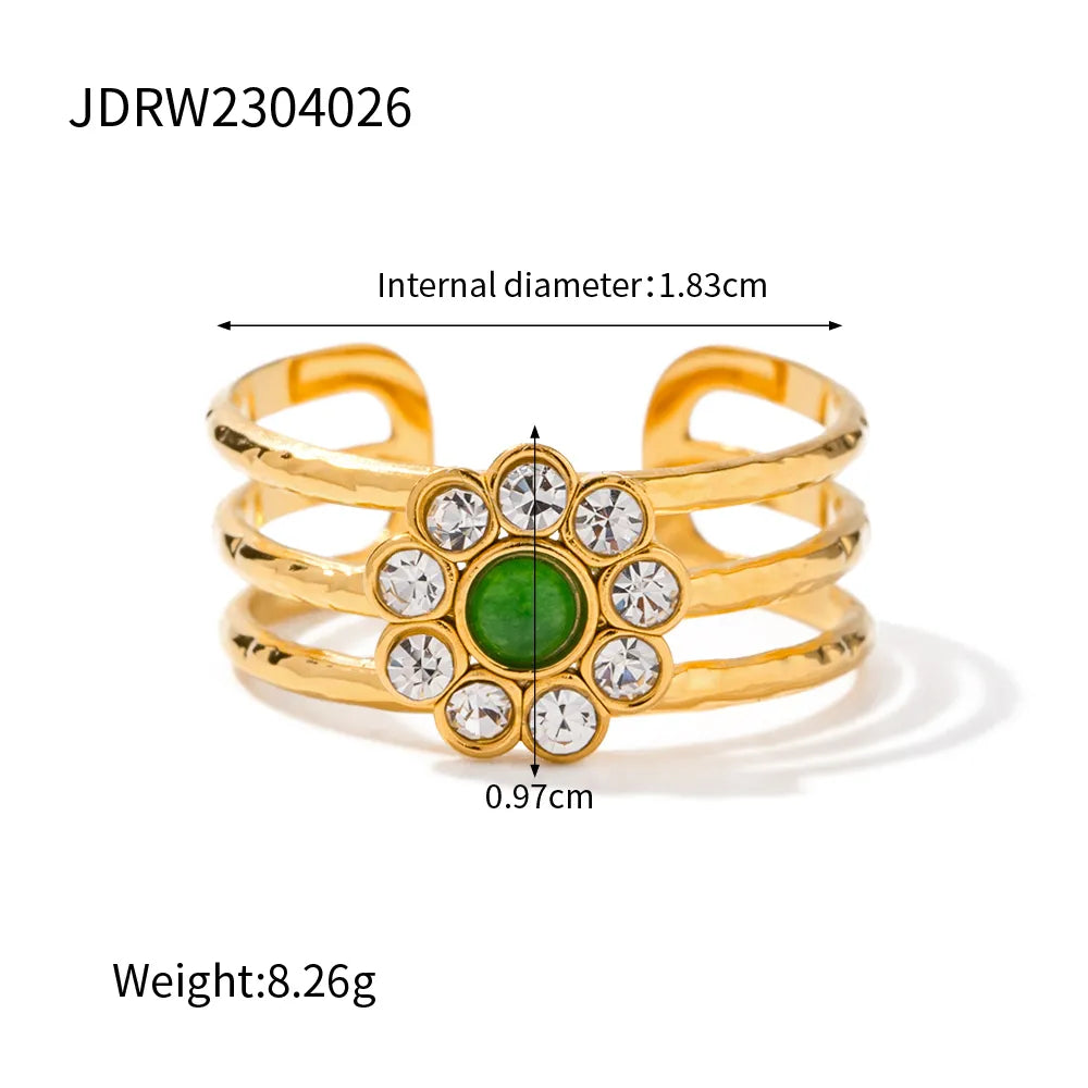 Green Diamond Stainless Steel 18K Gold Plated Sweet Enamel Plating Flower Rings