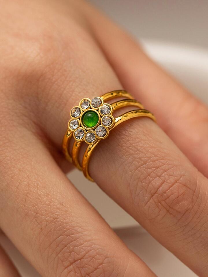 Green Diamond Stainless Steel 18K Gold Plated Sweet Enamel Plating Flower Rings