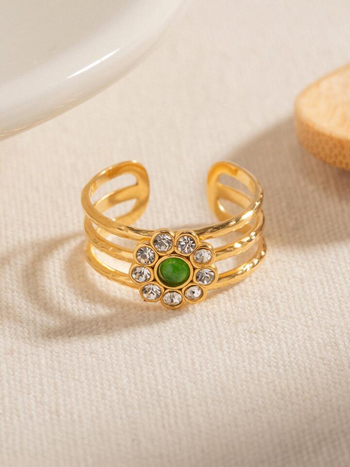 Green Diamond Stainless Steel 18K Gold Plated Sweet Enamel Plating Flower Rings