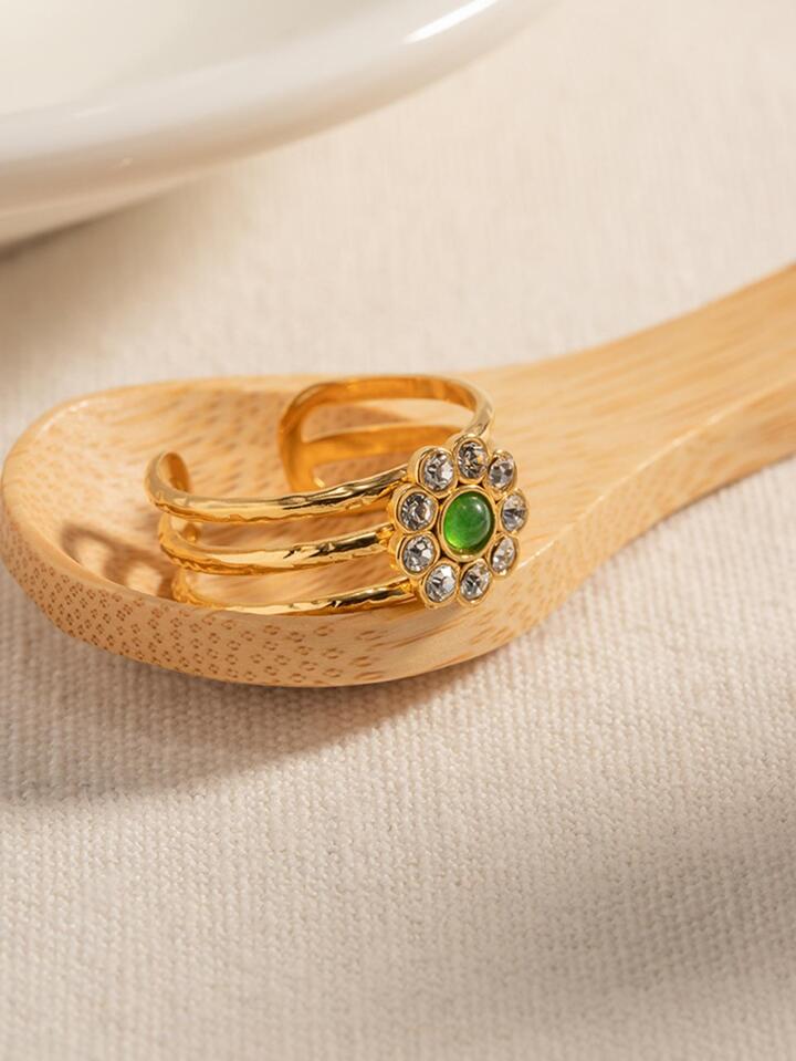 Green Diamond Stainless Steel 18K Gold Plated Sweet Enamel Plating Flower Rings