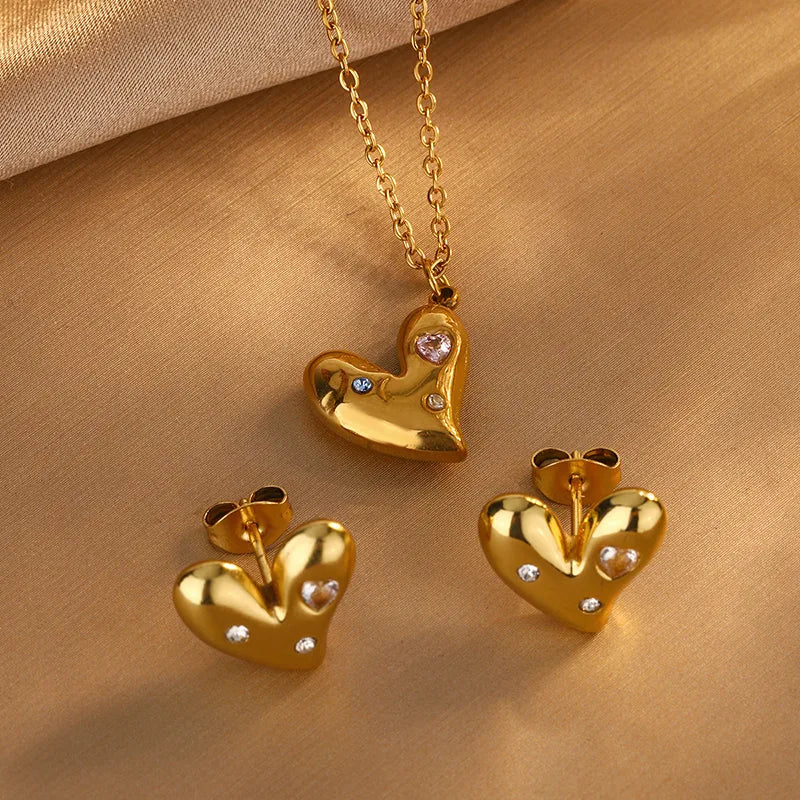 Heart Shape 304 Stainless Steel Artificial Rhinestones 18K Gold Plated Imitation Gold Earrings Necklace Jewelry Set