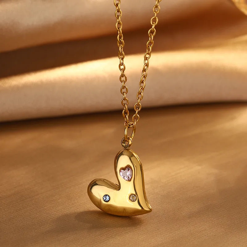 Heart Shape 304 Stainless Steel Artificial Rhinestones 18K Gold Plated Imitation Gold Earrings Necklace Jewelry Set