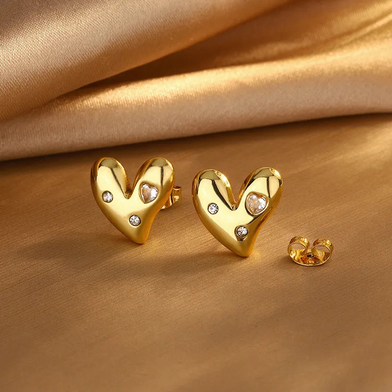 Heart Shape 304 Stainless Steel Artificial Rhinestones 18K Gold Plated Imitation Gold Earrings Necklace Jewelry Set