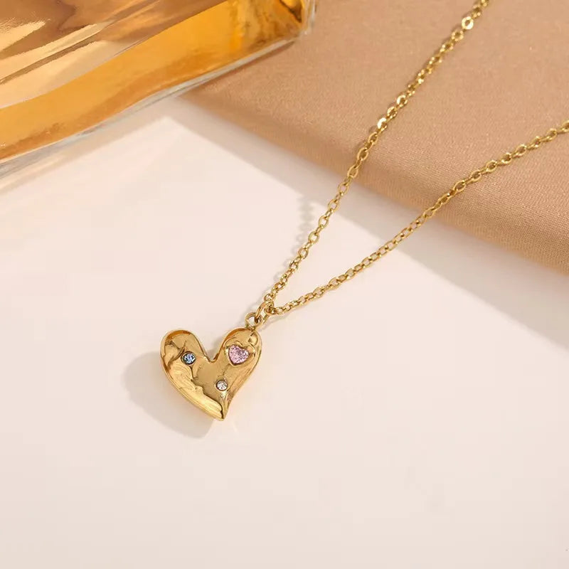 Heart Shape 304 Stainless Steel Artificial Rhinestones 18K Gold Plated Imitation Gold Earrings Necklace Jewelry Set