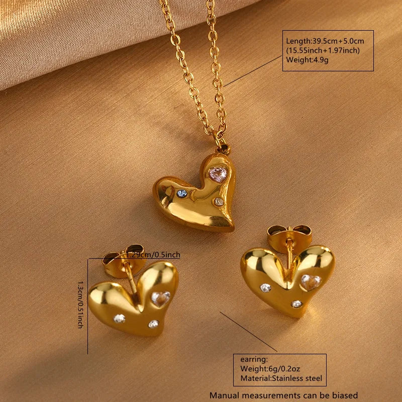 Heart Shape 304 Stainless Steel Artificial Rhinestones 18K Gold Plated Imitation Gold Earrings Necklace Jewelry Set