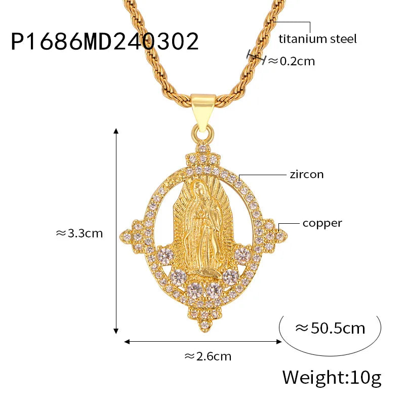 Mary Titanium Steel Copper 18K Gold Plated Casual Elegant Simple Style Human Hollow Out Inlay Carving Rhinestones Pendant Necklace