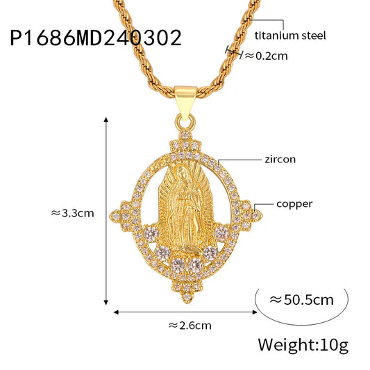 Mary Titanium Steel Copper 18K Gold Plated Casual Elegant Simple Style Human Hollow Out Inlay Carving Rhinestones Pendant Necklace