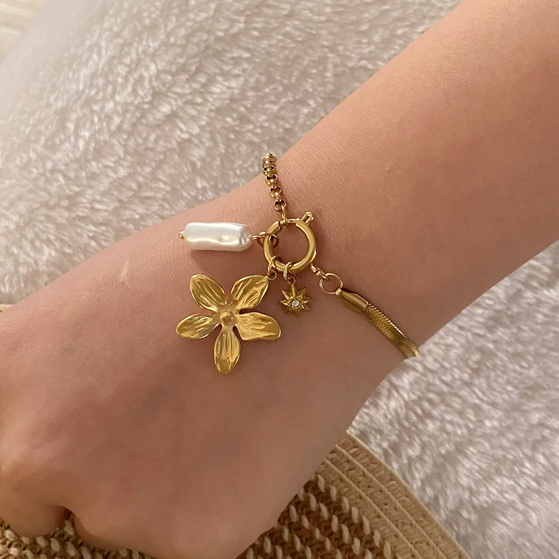 Lady Heart Shape Flower Bow Knot 304 Stainless Steel 18K Gold Plated Zircon Box Chain Snake Chain Bracelet